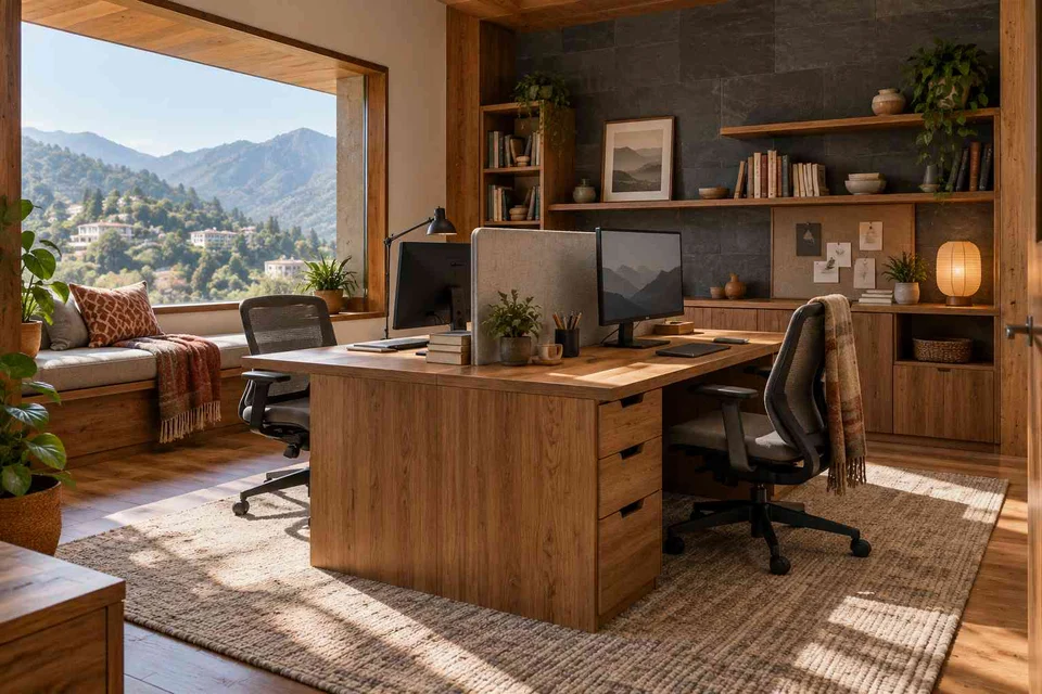 AI-generated home office concept: two-person workroom, hill timber direction