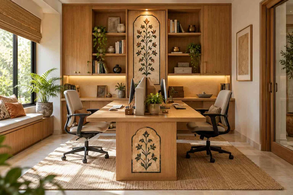 AI-generated home office concept: two-person workroom, inlay atelier direction
