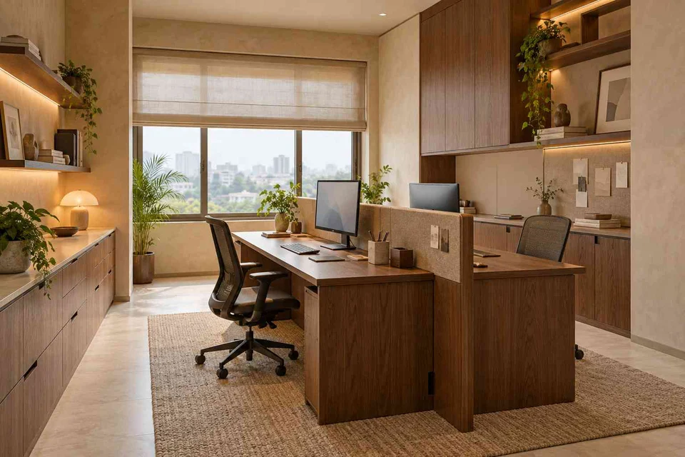 AI-generated home office concept: two-person workroom, lime and walnut direction