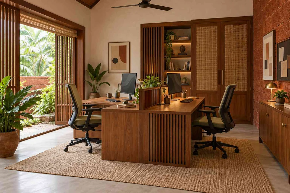 AI-generated home office concept: two-person workroom, malabar timber direction