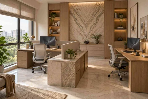 AI-generated home office concept: two-person workroom, marble restraint direction