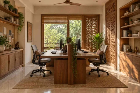 AI-generated home office concept: two-person workroom, modern carved direction