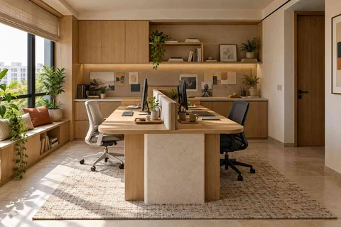 AI-generated home office concept: two-person workroom, quiet contemporary direction