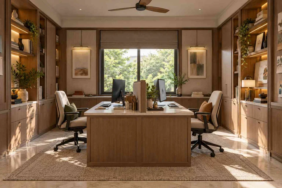 AI-generated home office concept: two-person workroom, quiet transitional direction