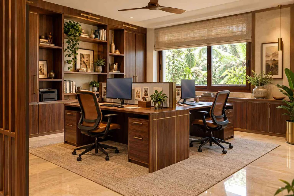 AI-generated home office concept: two-person workroom, rosewood brass direction