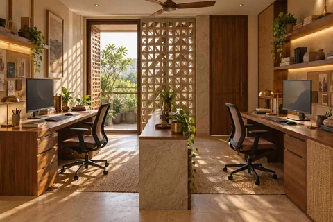 AI-generated home office concept: two-person workroom, sandstone lattice direction