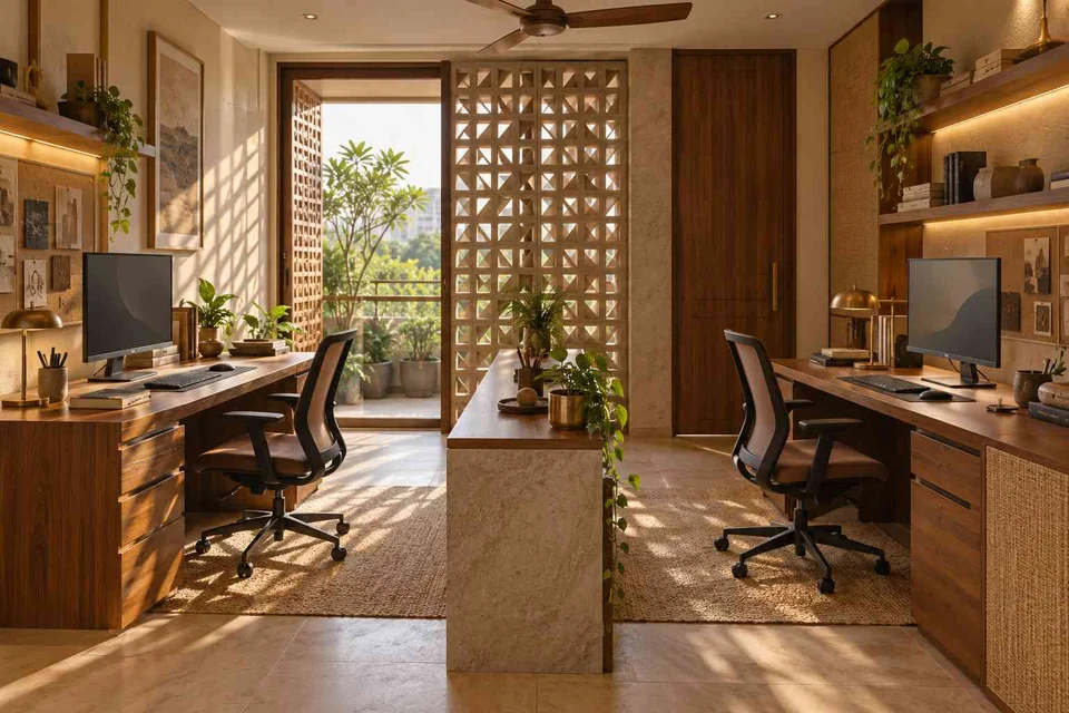 AI-generated home office concept: two-person workroom, sandstone lattice direction