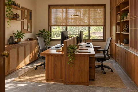 AI-generated home office concept: two-person workroom, teak craft direction