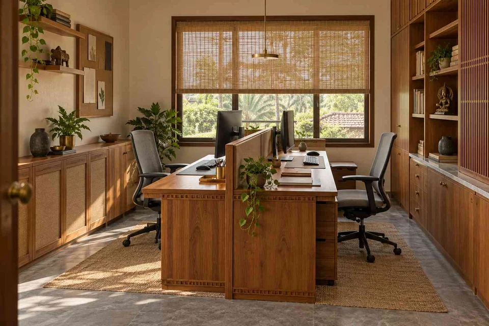 AI-generated home office concept: two-person workroom, teak craft direction