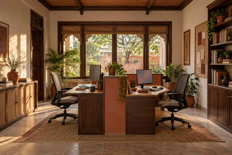 AI-generated home office concept: two-person workroom, terracotta heritage direction