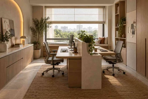 AI-generated home office concept: two-person workroom, textured mineral direction