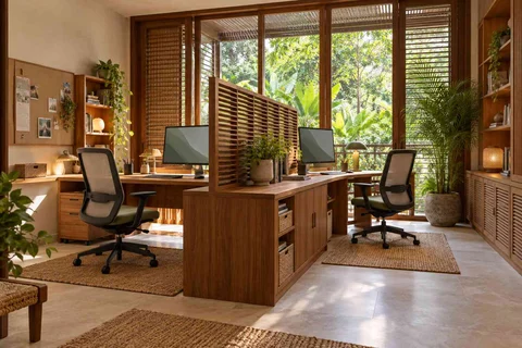 AI-generated home office concept: two-person workroom, tropical slatted direction