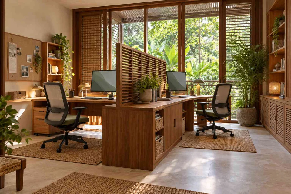 AI-generated home office concept: two-person workroom, tropical slatted direction