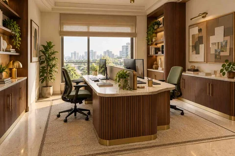 AI-generated home office concept: two-person workroom, urban deco direction