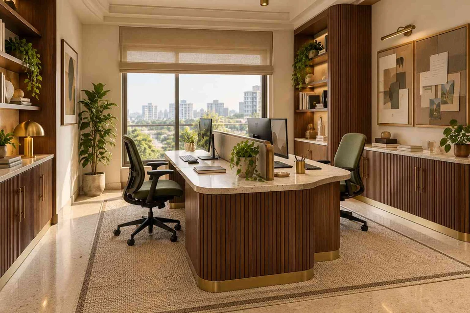 AI-generated home office concept: two-person workroom, urban deco direction