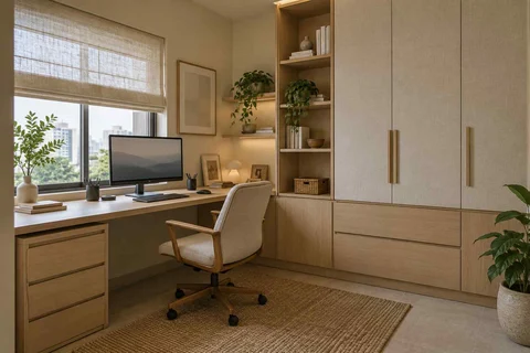 AI-generated home office concept: two-wall micro studio, ash and linen direction
