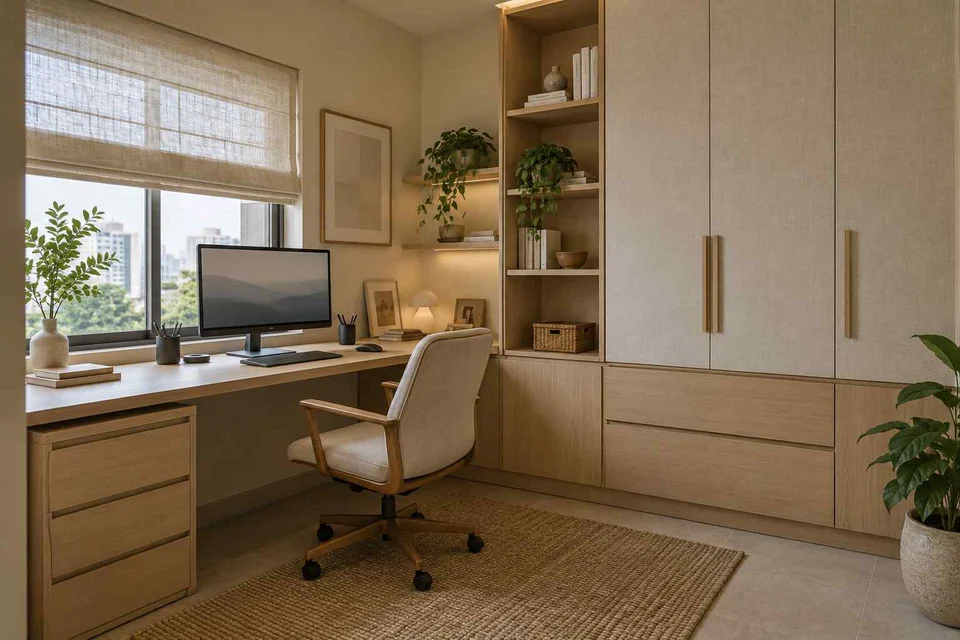 AI-generated home office concept: two-wall micro studio, ash and linen direction