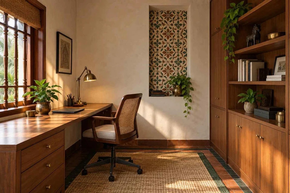 AI-generated home office concept: two-wall micro studio, chettinad tile direction