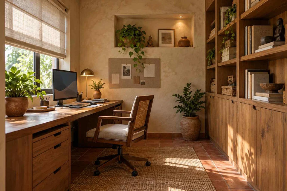 AI-generated home office concept: two-wall micro studio, clay artisan direction