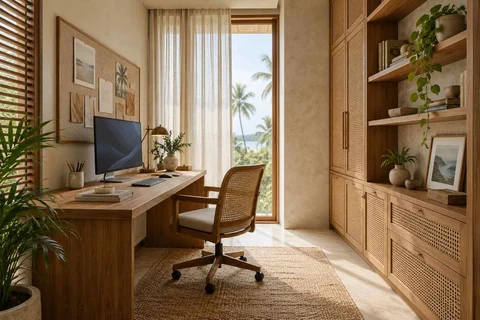 AI-generated home office concept: two-wall micro studio, coastal woven direction