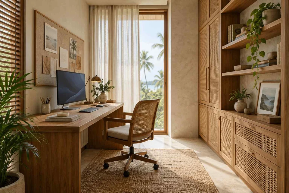 AI-generated home office concept: two-wall micro studio, coastal woven direction