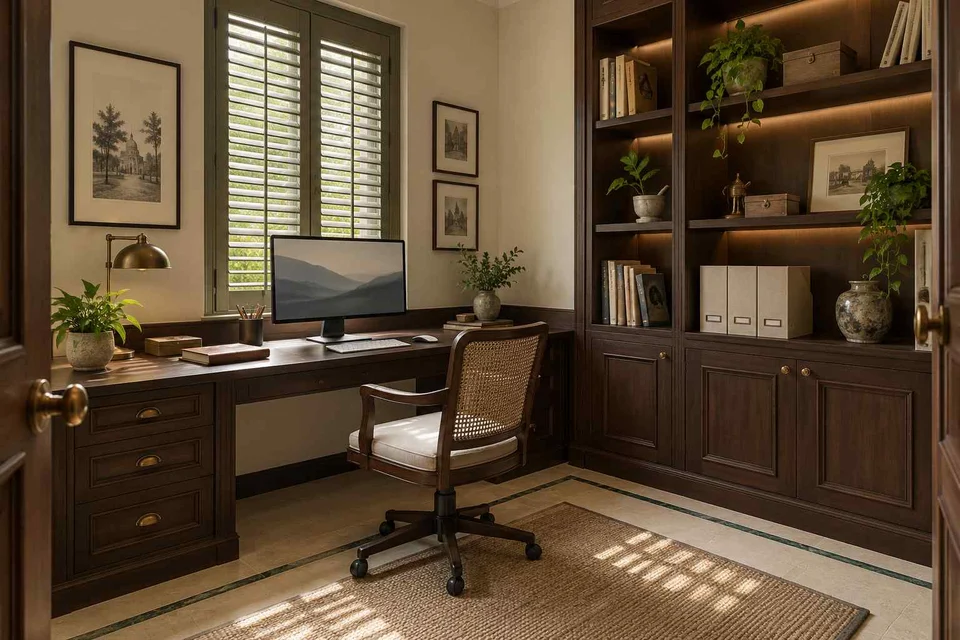 AI-generated home office concept: two-wall micro studio, colonial quiet direction