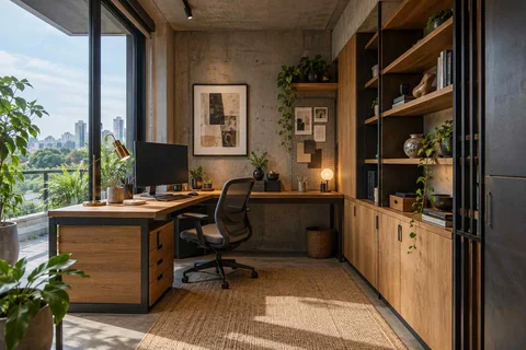 AI-generated home office concept: two-wall micro studio, concrete and oak direction