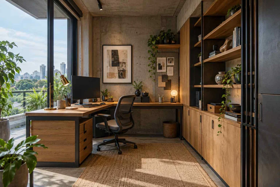 AI-generated home office concept: two-wall micro studio, concrete and oak direction