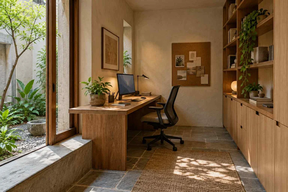 AI-generated home office concept: two-wall micro studio, courtyard modern direction