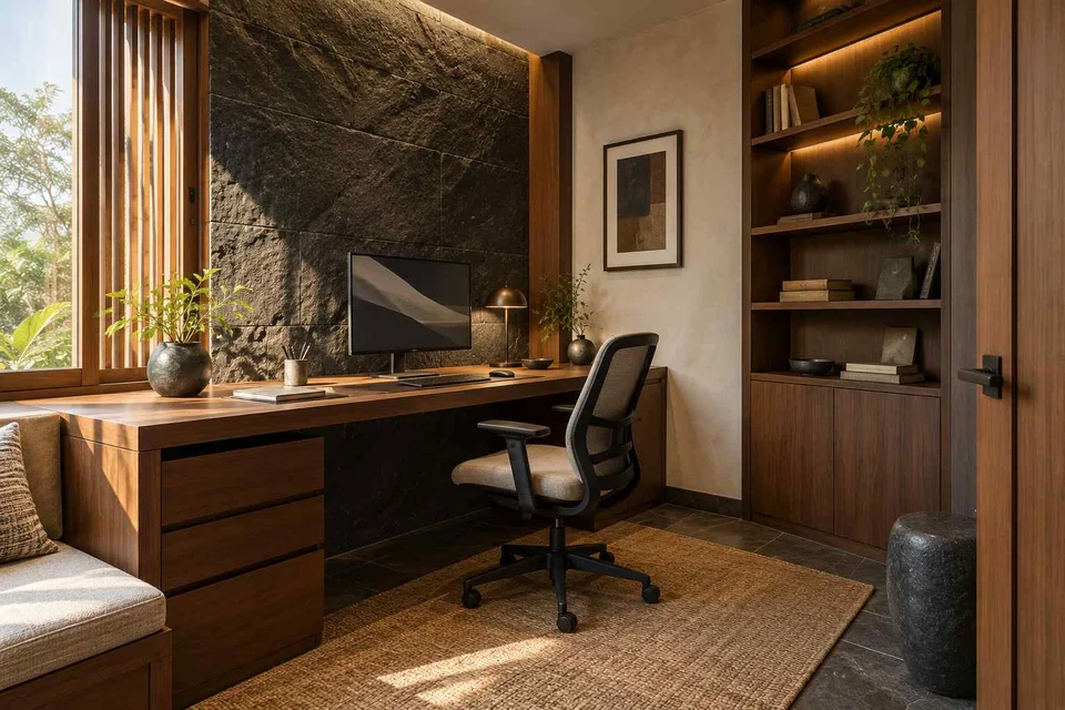AI-generated home office concept: two-wall micro studio, deccan stone direction