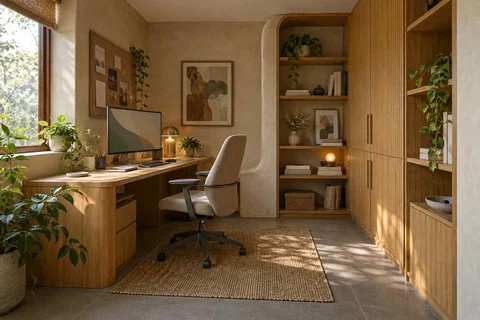 AI-generated home office concept: two-wall micro studio, earth and bamboo direction
