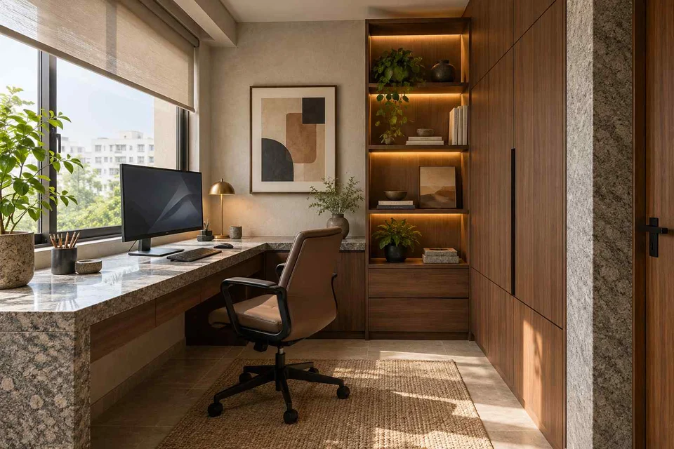 AI-generated home office concept: two-wall micro studio, granite precision direction