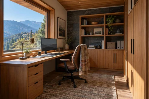 AI-generated home office concept: two-wall micro studio, hill timber direction