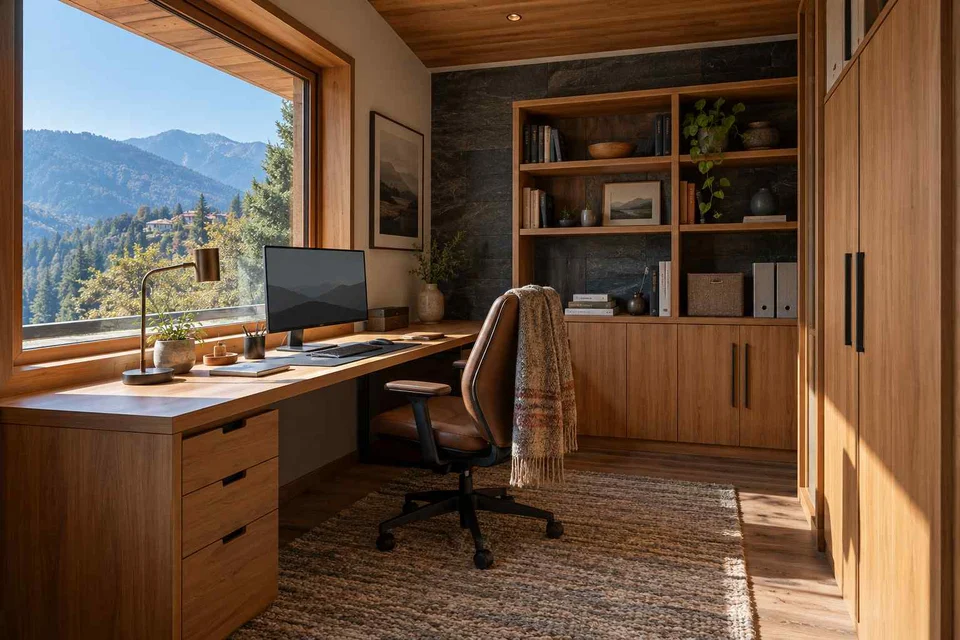 AI-generated home office concept: two-wall micro studio, hill timber direction