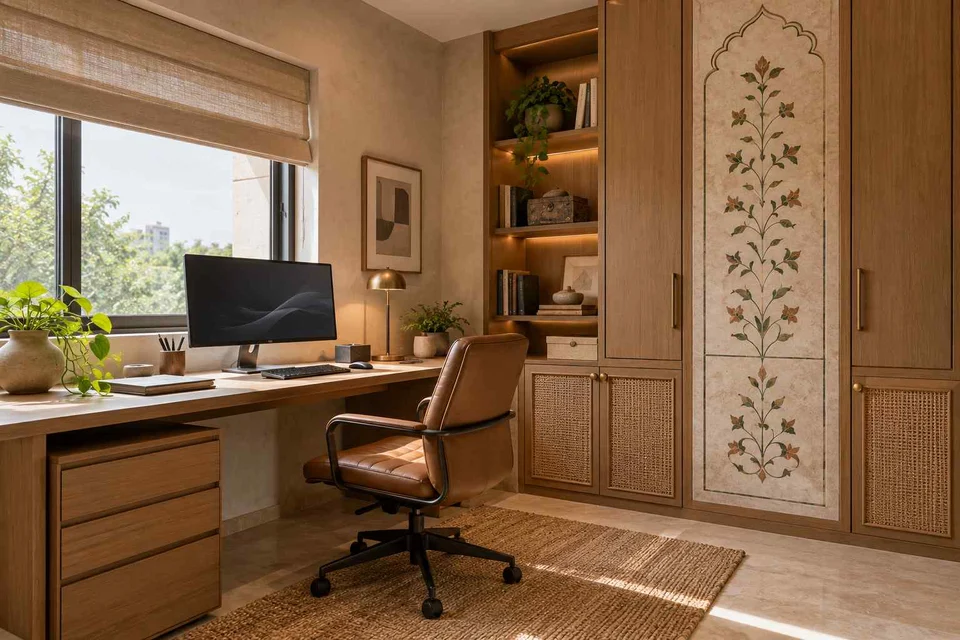 AI-generated home office concept: two-wall micro studio, inlay atelier direction