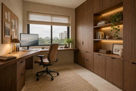 AI-generated home office concept: two-wall micro studio, lime and walnut direction