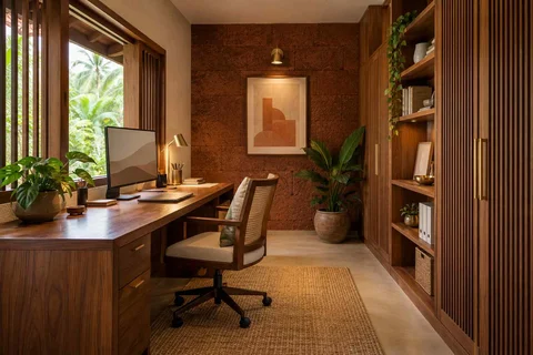 AI-generated home office concept: two-wall micro studio, malabar timber direction