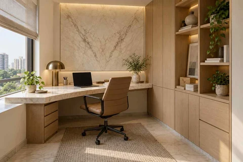 AI-generated home office concept: two-wall micro studio, marble restraint direction