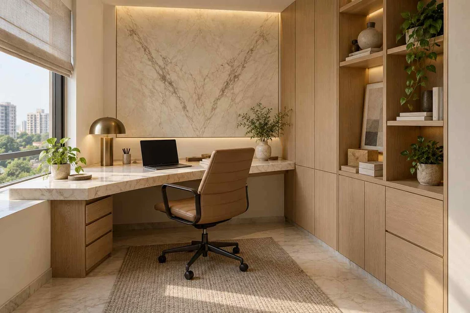 AI-generated home office concept: two-wall micro studio, marble restraint direction