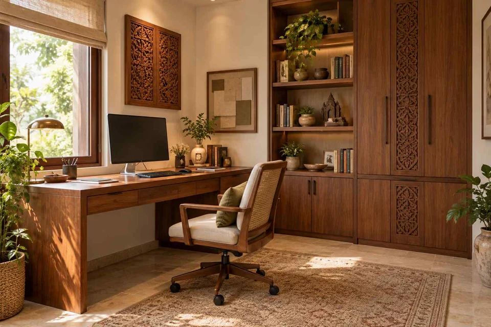 AI-generated home office concept: two-wall micro studio, modern carved direction