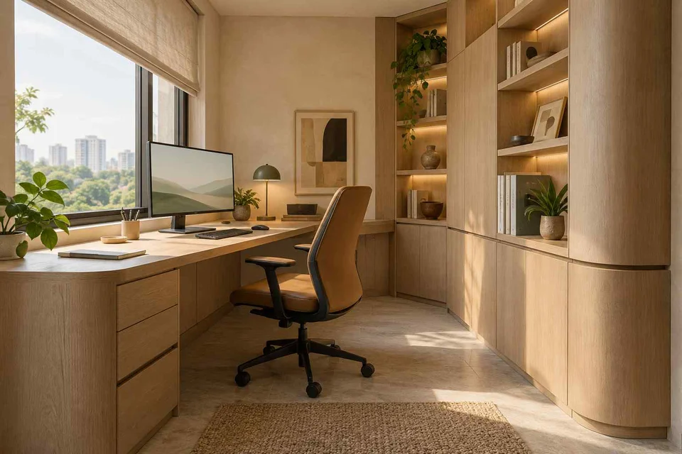 AI-generated home office concept: two-wall micro studio, quiet contemporary direction