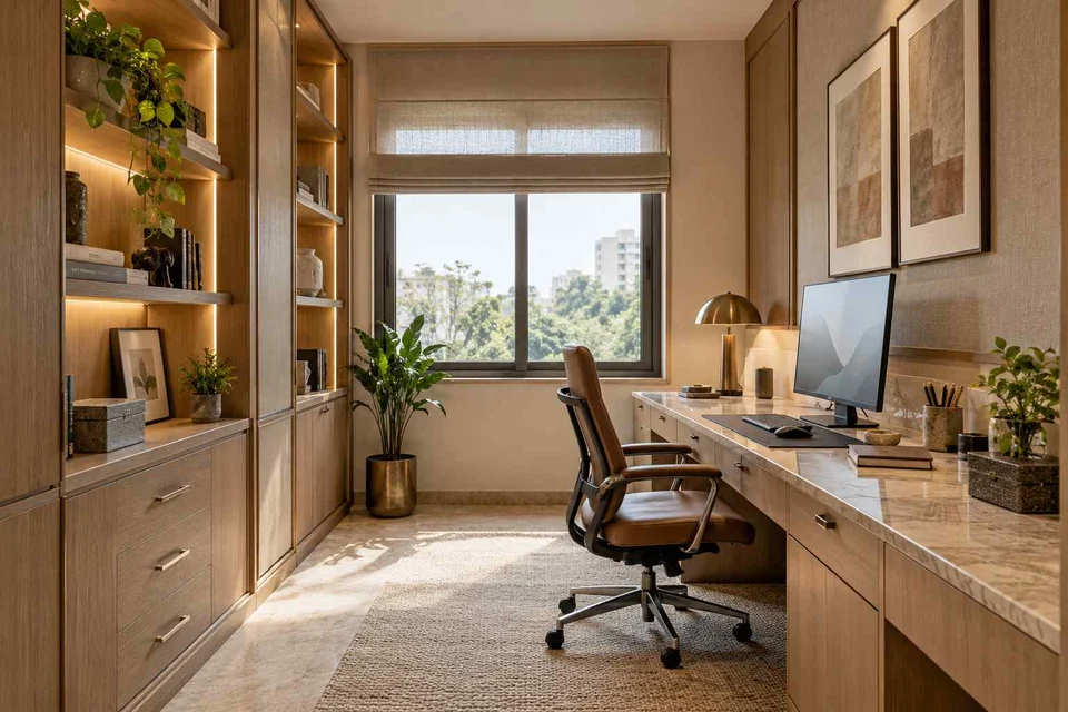 AI-generated home office concept: two-wall micro studio, quiet transitional direction
