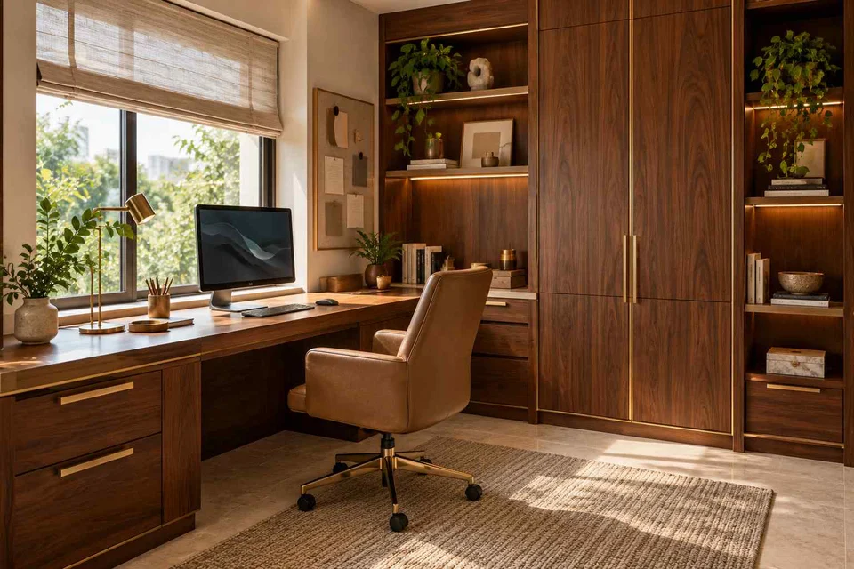 AI-generated home office concept: two-wall micro studio, rosewood brass direction
