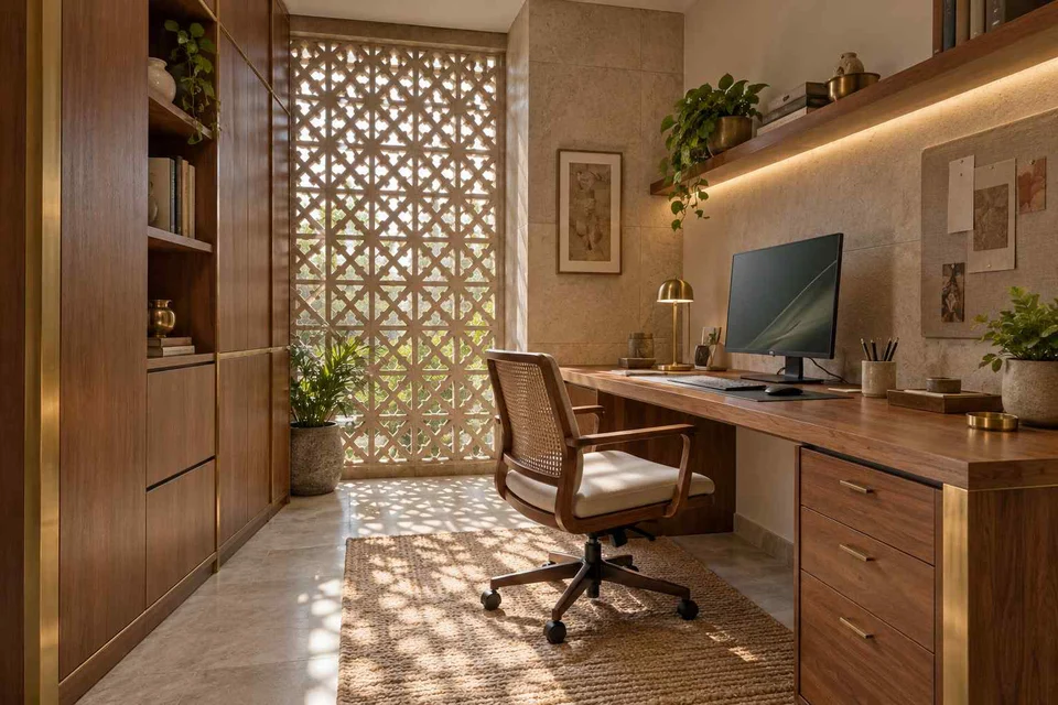 AI-generated home office concept: two-wall micro studio, sandstone lattice direction