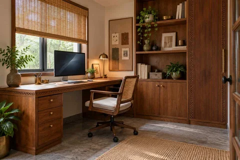 AI-generated home office concept: two-wall micro studio, teak craft direction