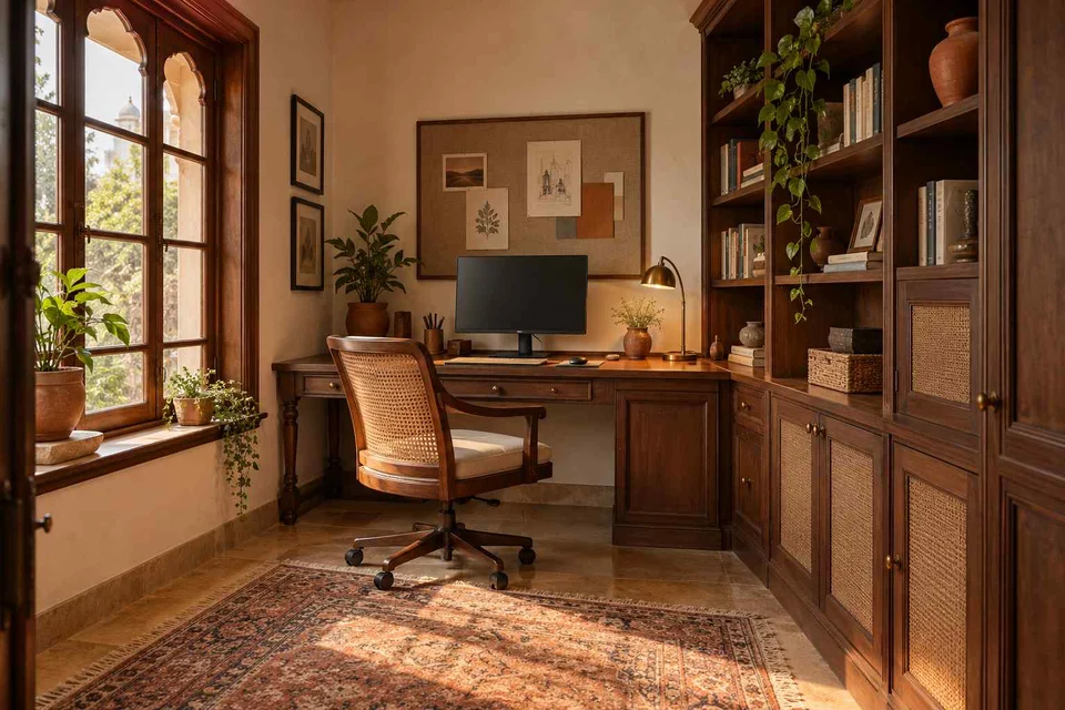 AI-generated home office concept: two-wall micro studio, terracotta heritage direction