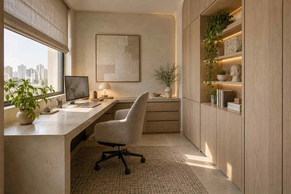 AI-generated home office concept: two-wall micro studio, textured mineral direction