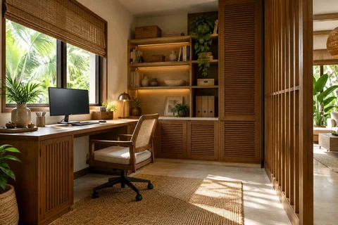 AI-generated home office concept: two-wall micro studio, tropical slatted direction