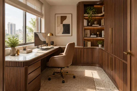 AI-generated home office concept: two-wall micro studio, urban deco direction
