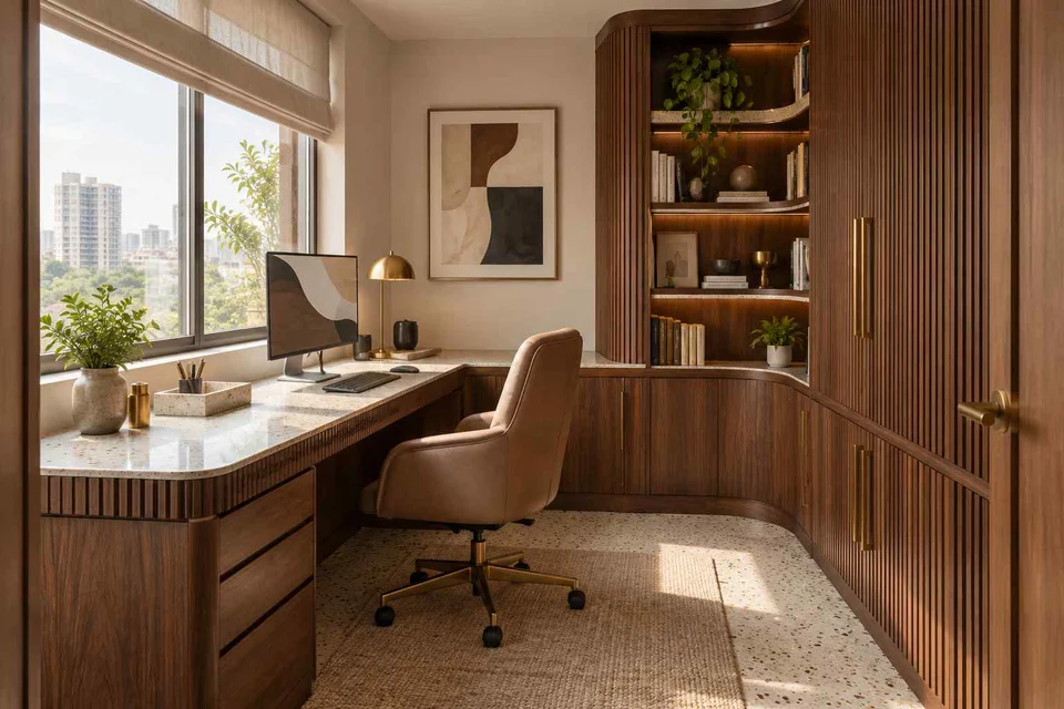 AI-generated home office concept: two-wall micro studio, urban deco direction